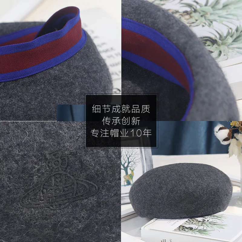 Женский Классический берет из натуральной шерсти с вышивкой в стиле ретро |