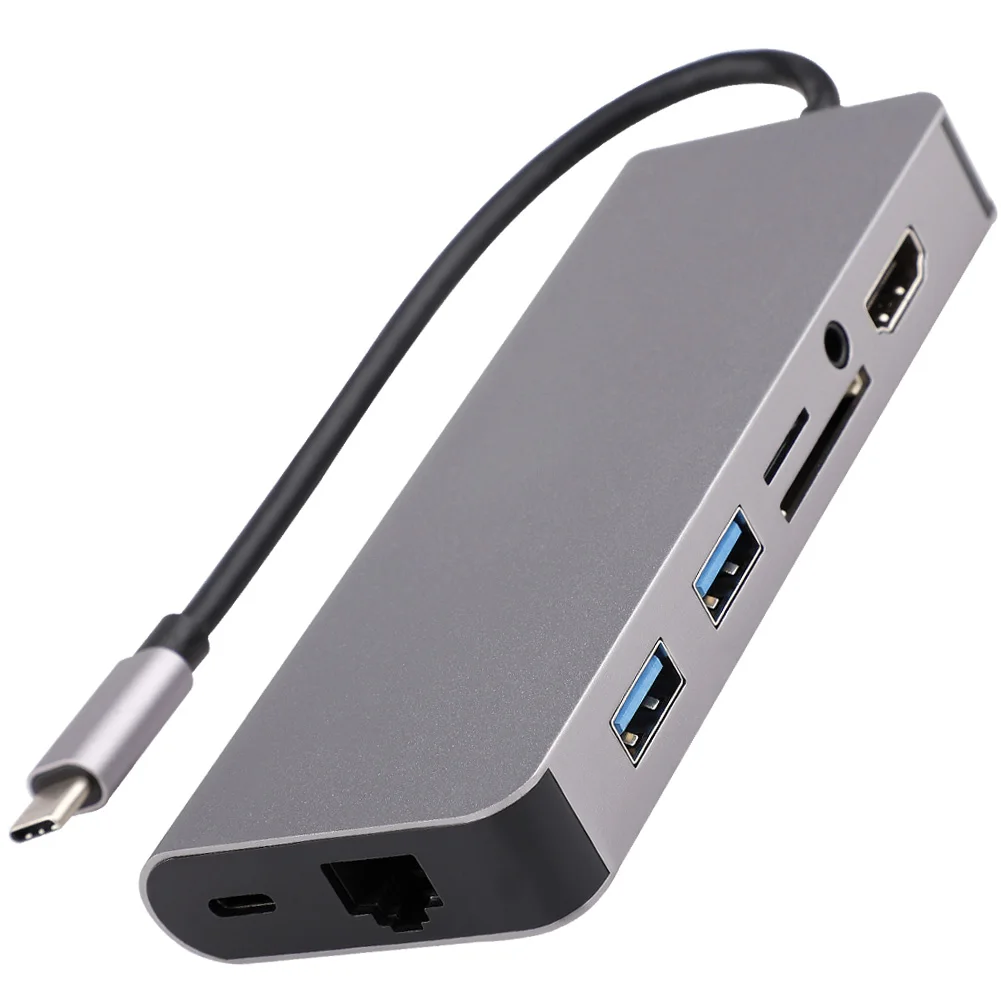 

8-in-1 Type C Hub USB HDMI Audio Output 3.5mm Micro SD TF Card RJ45 Gigabit Ethernet Adapter for Laptops computer accessories