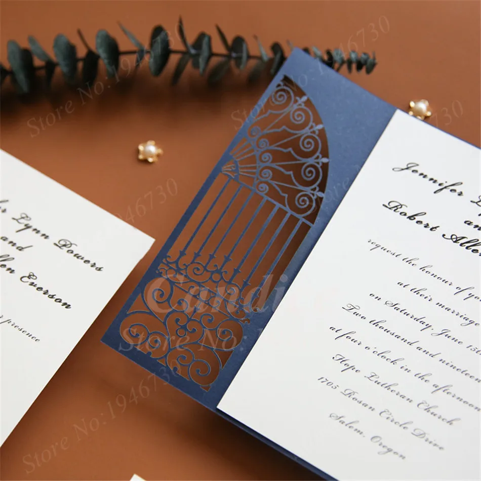 Blue Elegent Gate Design Hollow Heart Laser Cut Wedding Invitation Card Greeting Personalized Party Decoration Supplies | Дом и сад