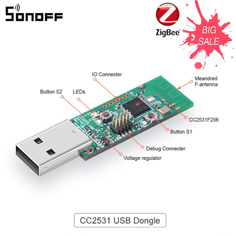 USB-ключ SONOFF Zigbee CC2531 для Zigbee2mqtt выводной 8 разъемов ввода-вывода Модуль