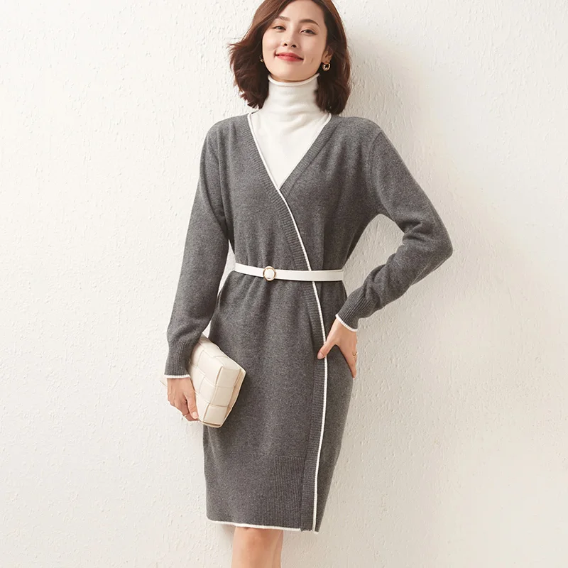 Autumn and winter women's long 100% pure wool sweater Turtleneck sweater knitted pullover color matching cashmere base skirt