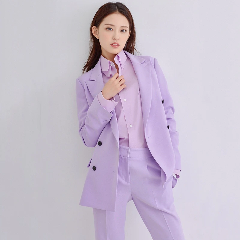 

Elegant Women Blazer Suit Autumn Office Ladies Pant Suits Double Breasted Blazer High Waist Long Pants Streetwear Set Outfit
