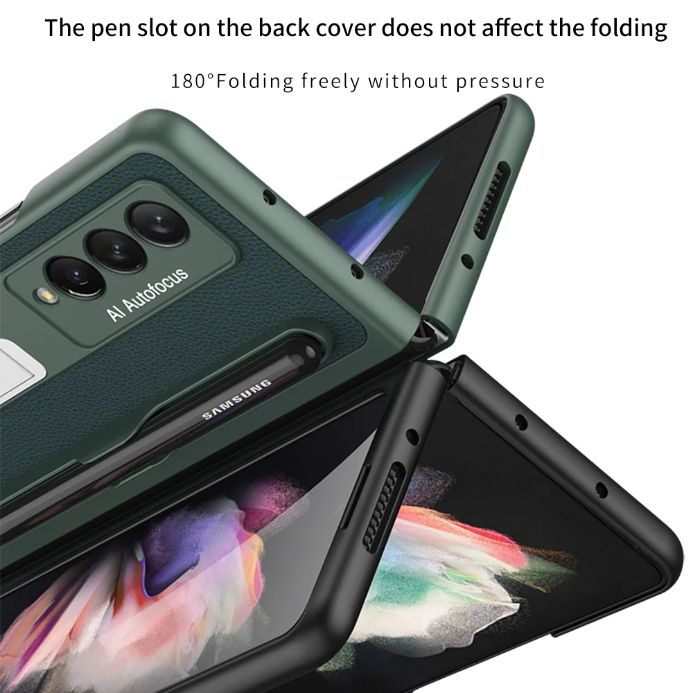 leather kickstand pen holder case for samsung galaxy z fold 3 5g phone case bracket with pen slot hard full protection cover free global shipping