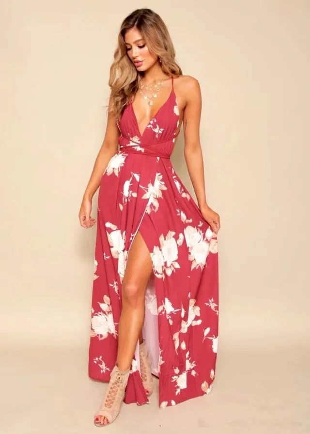 

Women's Bohemian Long Party Ball Dresses Chiffon Mesh Long Maxi Dress Solid Spaghetti Strap Backless Sundress Party Dresses