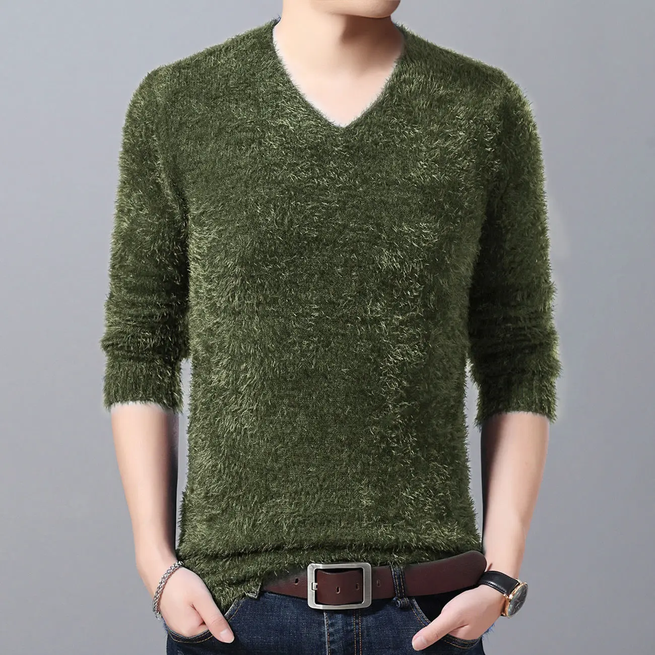 Peludo, suave para hombres suéter de invierno hombre tendencia coreana suéter de cuello V hombres gruesos Sudadera de punto suéter que basa la camisa