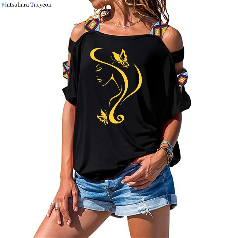 

Fashion T Shirt women style Beauty Salon Girl Face with Butterfly printed shirt cotton o-neck T-shirt women Hollow Out Shoulder