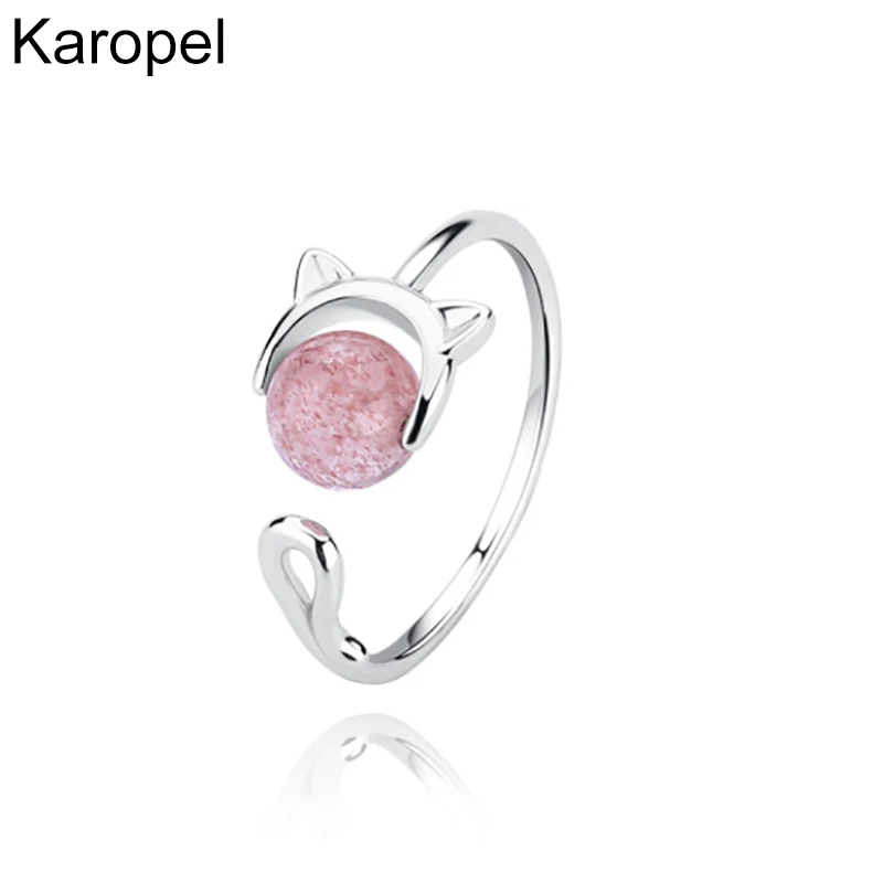 

Karopel 925 Sterling Silver New Woman Fashion Jewelry High Quality Pink Agate Kitten Simple Ring Size Adjustable Ring
