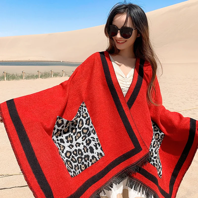 2019 7 Colors Big Pendulum Cloak Ethnic Style Arabic Poncho Women Grey With Leopard Pocket Shawl New Fashion Blanket |