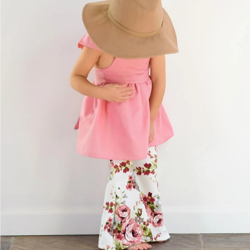 

Kids Flare Pants Girls Fashion Floral Print Mid Elastic Waist Pants For Kids 2-7 Years