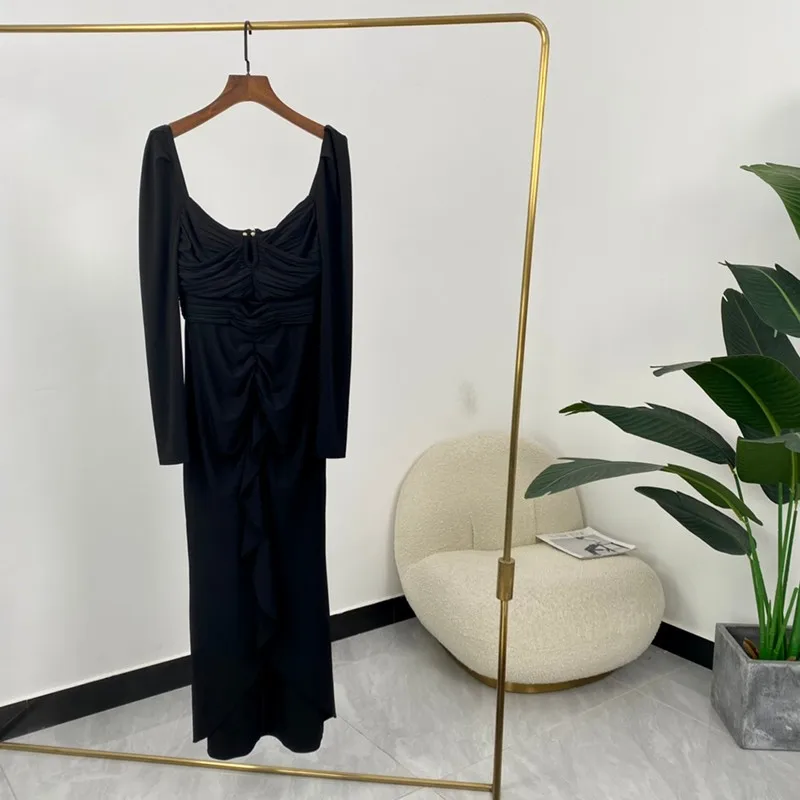 

Новинка 2021, Осеннее модное Черное женское платье Shealth до середины икры с квадратным воротником, женское платье высокого качества