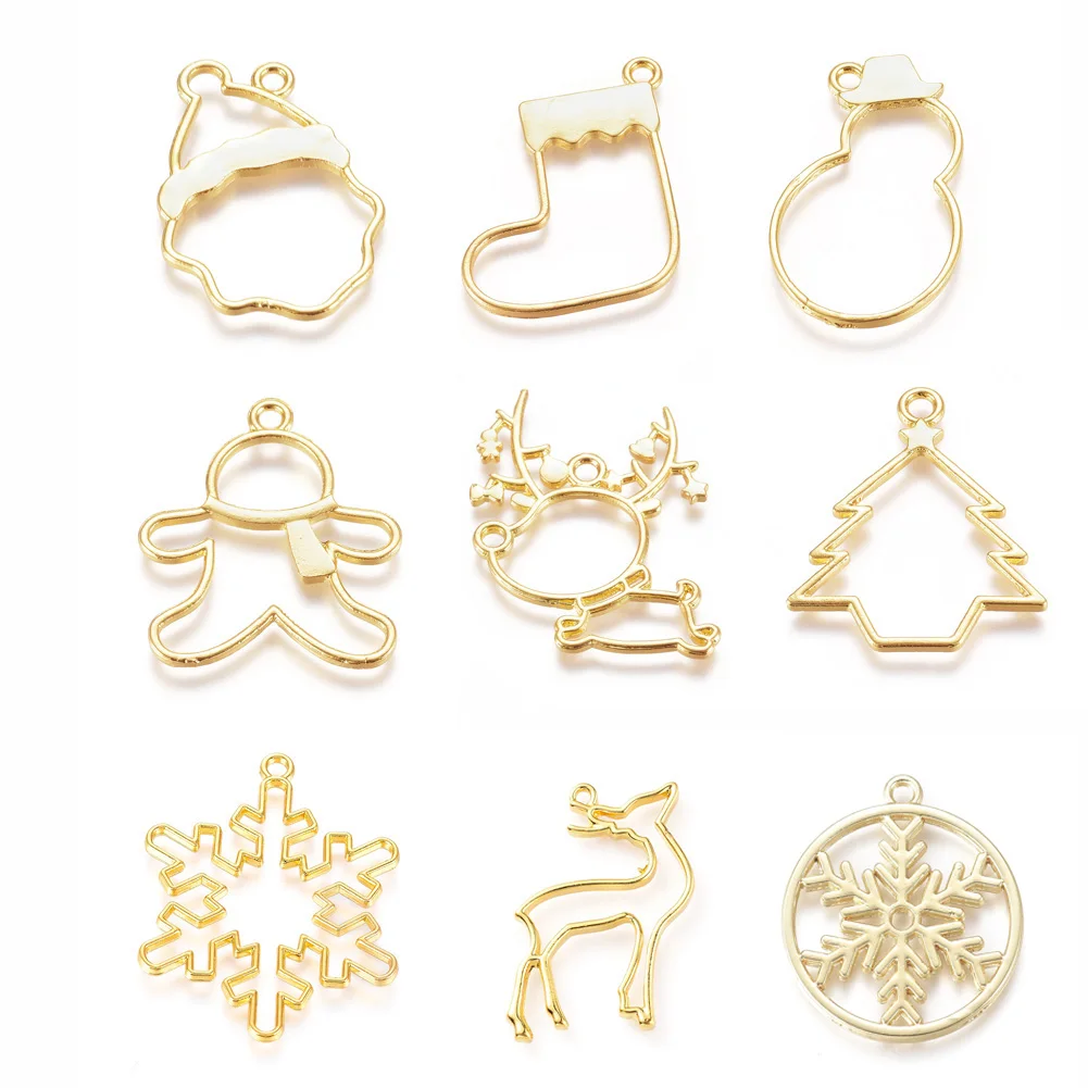 

20pcs Alloy Open Back Bezel Pendants Christmas Theme Golden Color Hollow Frame Pressed Charms for DIY Resin Jewelry Making