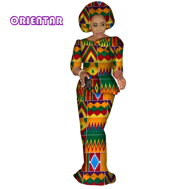 Two Pieces Set African Outfits for Women Blouse and Long Skirt Sets with Headscarf Women Party African Clothing 6XL WY3610