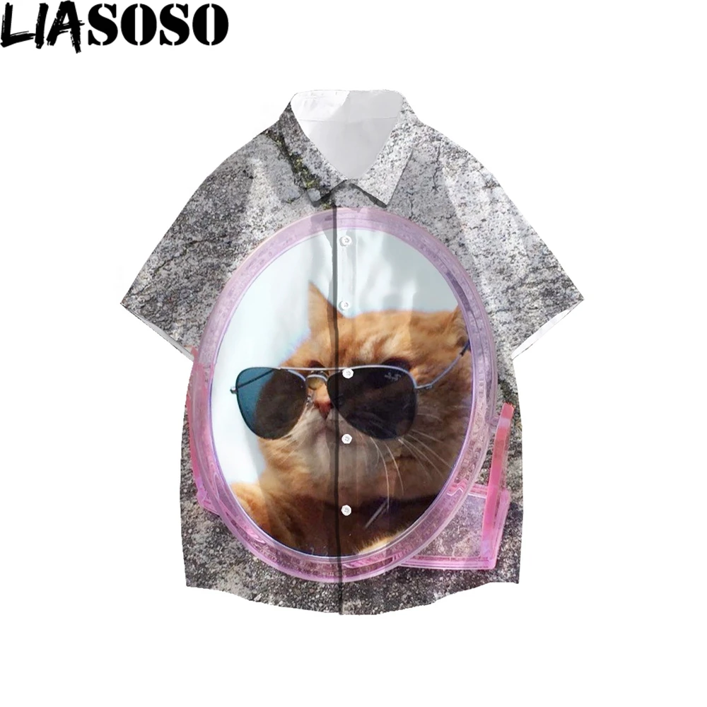 

LIASOSO Samurai Cat Animal 3D Print Men Women Shirt Summer Beach Loose Buttons Top Oversized Harajuku Cardigan Bulky Comfortable
