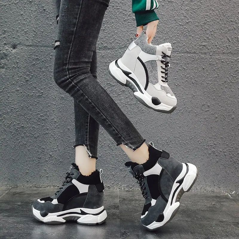 

Platform Women Boots Flat Increase Snow Boots Plus Velvet Random Sports Shoes Solid Color Suede Platform Sneakers Winter Women