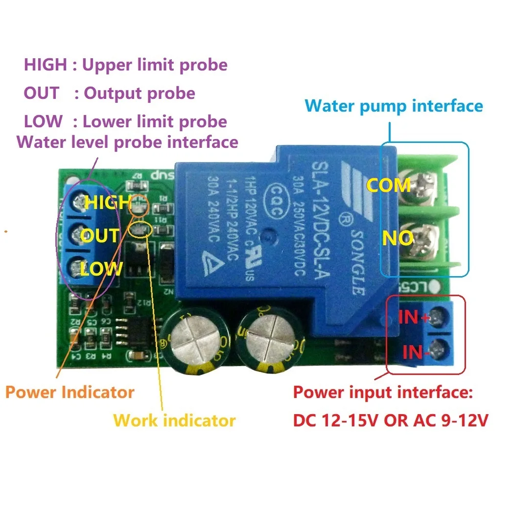 

30A High Power 12V Water Level Automatic Controller Liquid Sensor Switch Solenoid valve Motor Pump automatic control Relay Board