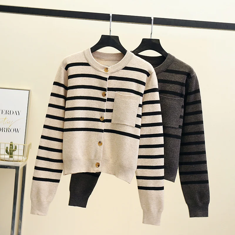 

High Quality Vintage Striped Soft Cashmere Sweater Cardigan Women 2021 Autumn Winter Korean Fashion Long Sleeve Top Pull Femme