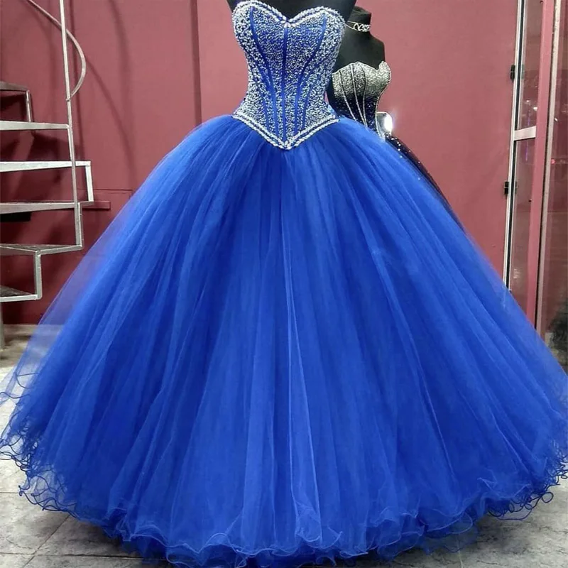 

Princess Ball Gown Royal Blue Quinceanera Dress 2022 Sweet 16 Dresses Beaded Sequins Strapless Neck Debutante Gowns Plus Size