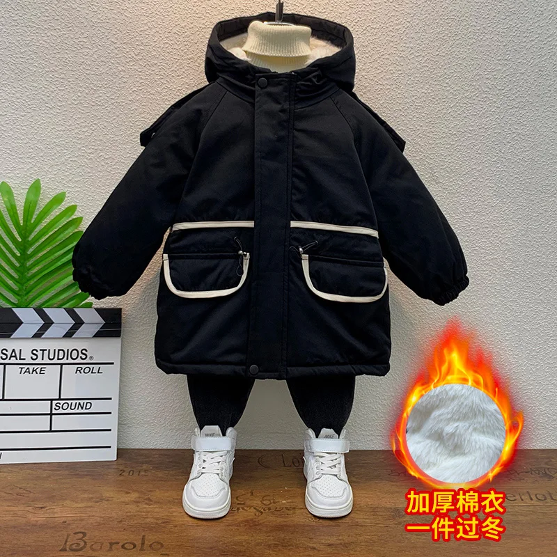 Зимние куртки с капюшоном для мальчиков 2-10 лет Тренч теплые парки пальто средней