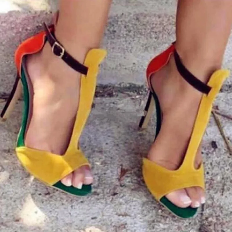 

Patchwork Yellow Red Mixed Color T Strap High Heel Sandals Cut-out Peep Toe Suede Galdiator Dress Shoes Women Banquet Pumps