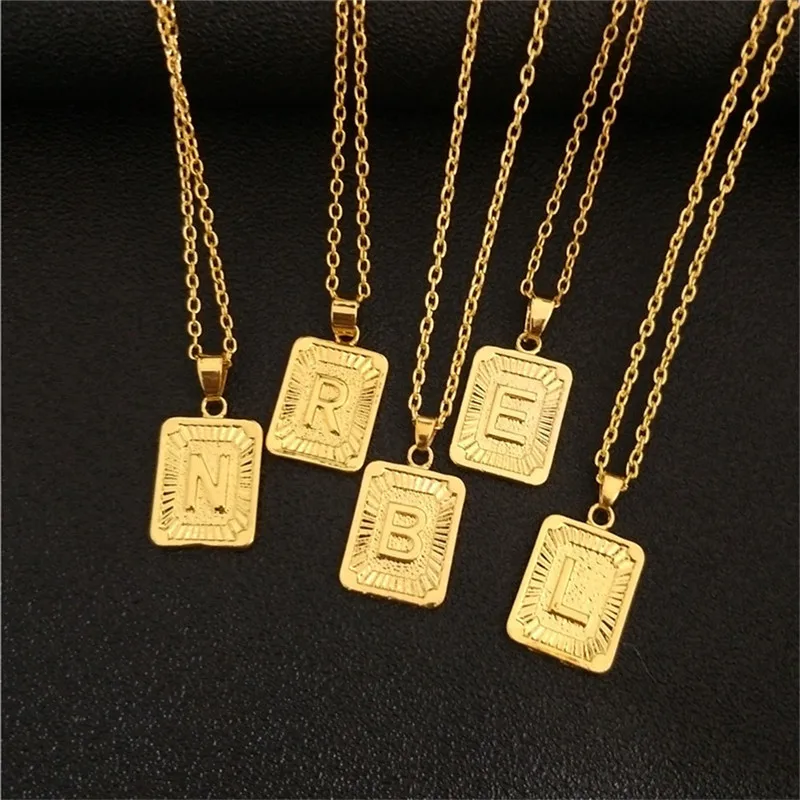 

Gold A-Z Initial Letter Pendant Necklace Square Alphabet Rectangle Medallion Personalized Choker Boho Jewelry Men Christmas Gift