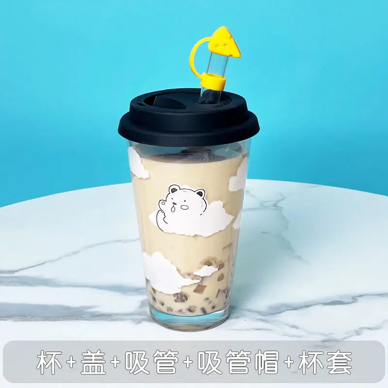 

12mm Large Diameter Pipette Glass Cup Transparent Fruit Juice Cool Drink Mug with Cover and Straw Water Bottle Absorbable Pearl