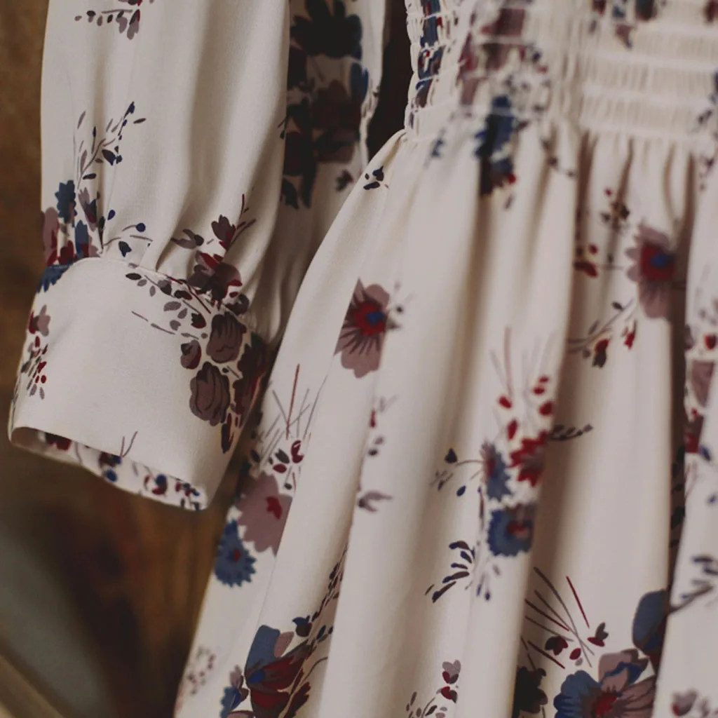 

Fashion Summer Chiffon Dress Women Knee Length V-Neck Floral Print Dresses Sweet Long Sleeeve Loose Casual Women Dress Plus Size