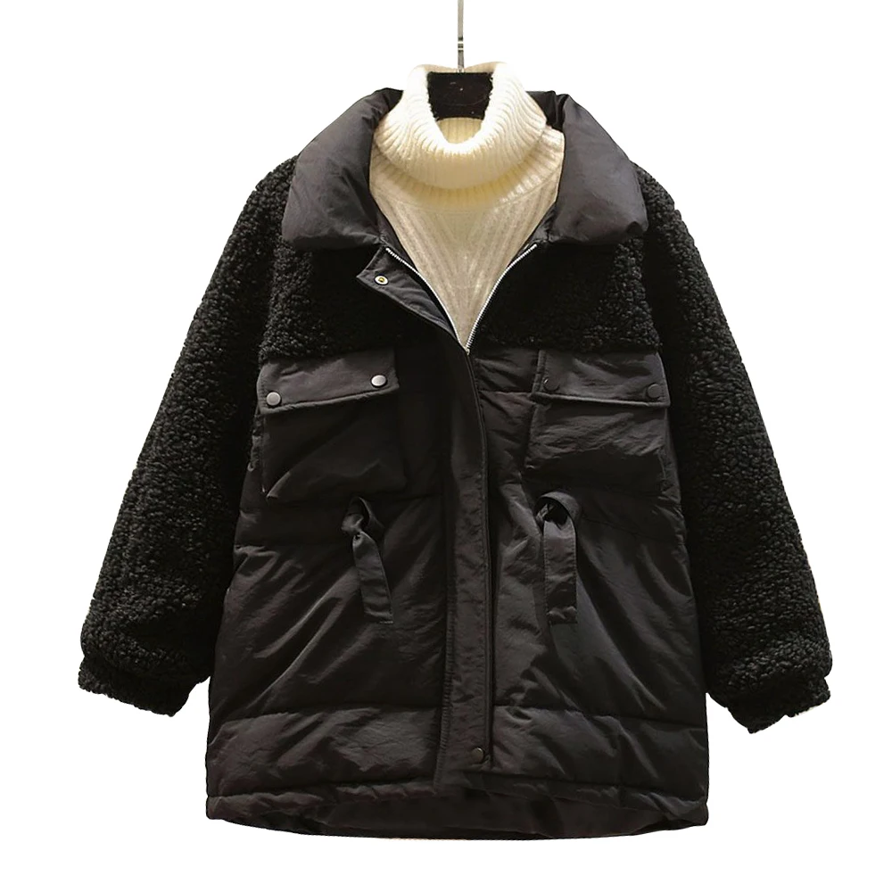 

Lamb Wool Stitching Padded Jacket 2020 Winter Korean Version Loose Belt Waist Bread Jacket Mid-Length Padded Jacket Women