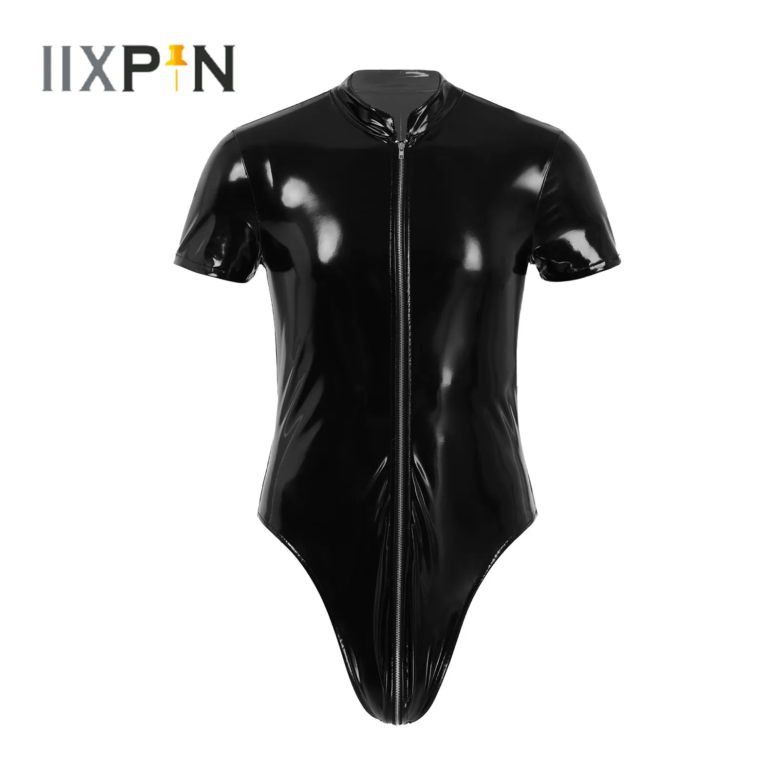 

Mens Sexy Lingerie Patent Leather Bodysuit Wet Look Zipper Crotch Leotard Clubwear Mock Neck Sexy Jumpsuit Erotic Lingeries