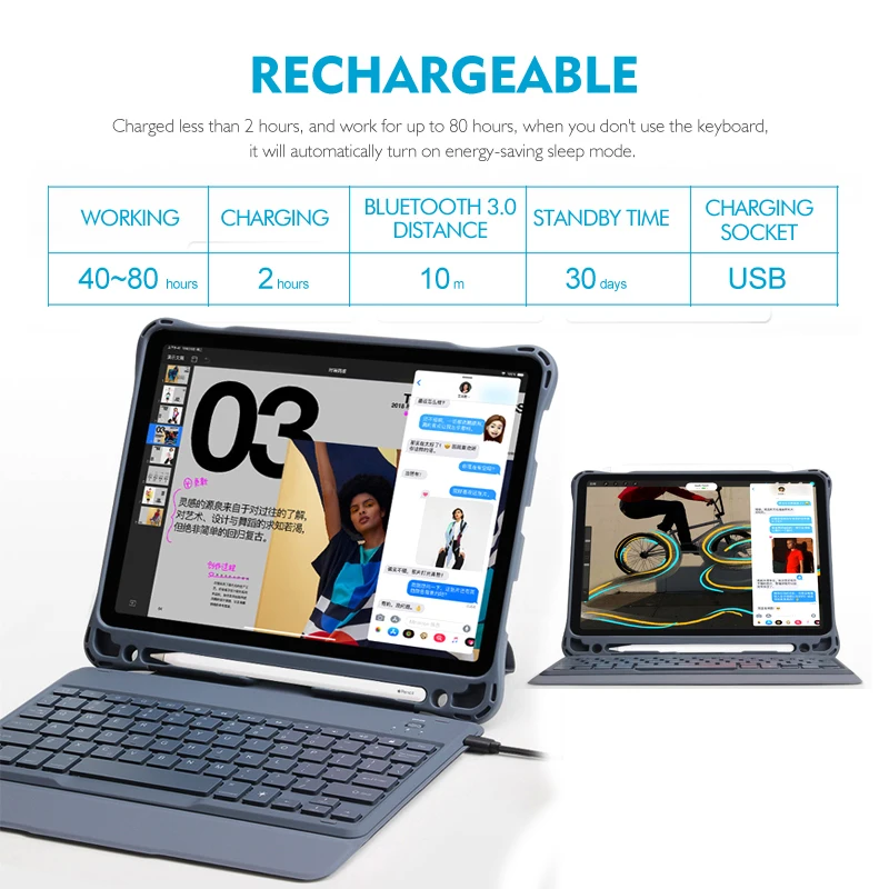Тонкая клавиатура Bluetooth для iPad Pro 11 дюймов 2018 года с кожаным чехлом для тяжелой защиты и держателем для карандаша.