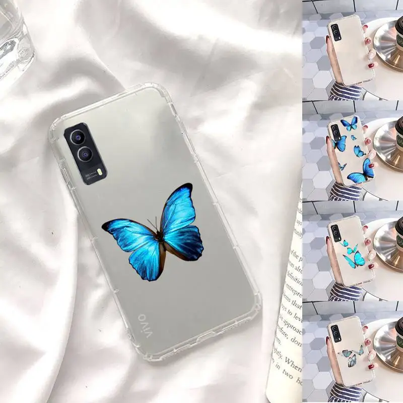 

Blue Butterfly Phone Case Transparent For VIVO X 60 50 30 27 23 21 20 9 pro plus S i + Soft TPU Clear Mobile bags
