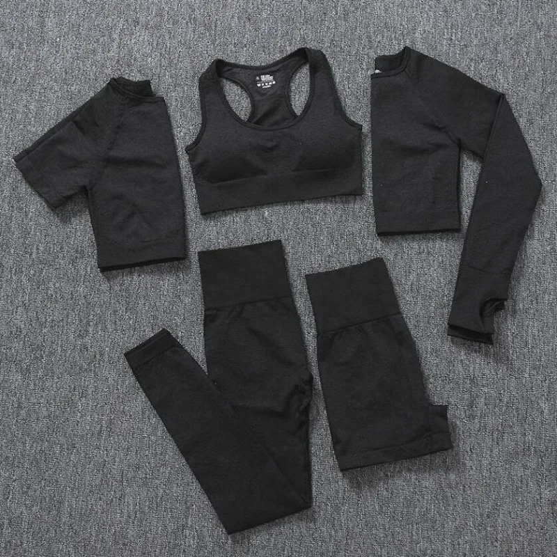 

2/3/5PCS Seamless Women Sports Suits Yoga Set Workout Sportswear Gym Clothing Fitness Long Sleeve Crop Top High Waist Leggings