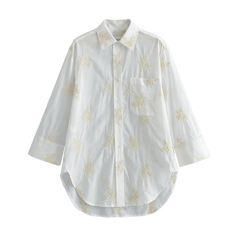 

Футболка женская с вышивкой и длинным рукавом, Повседневная модная стильная Свободная рубашка из хлопка и льна, мягкая одежда с карманами, C2783, на лето-осень