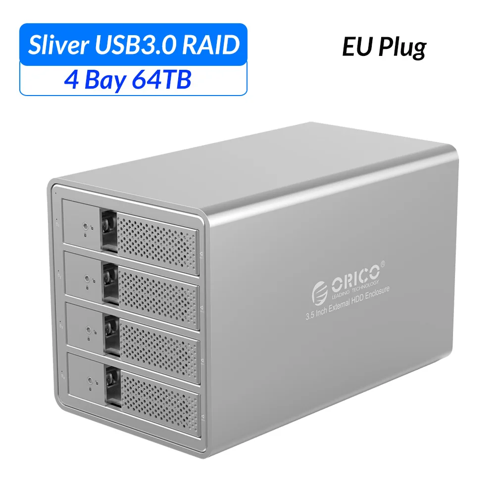 Sliver EU plug ORICO 4 bay 3,5 дюйма USB 3,0 на SATA HDD корпус Поддержка 64 ТБ HDD док-станция чехол со встроенным адаптером питания HDD Чехол - Цвет: Sliver EU plug