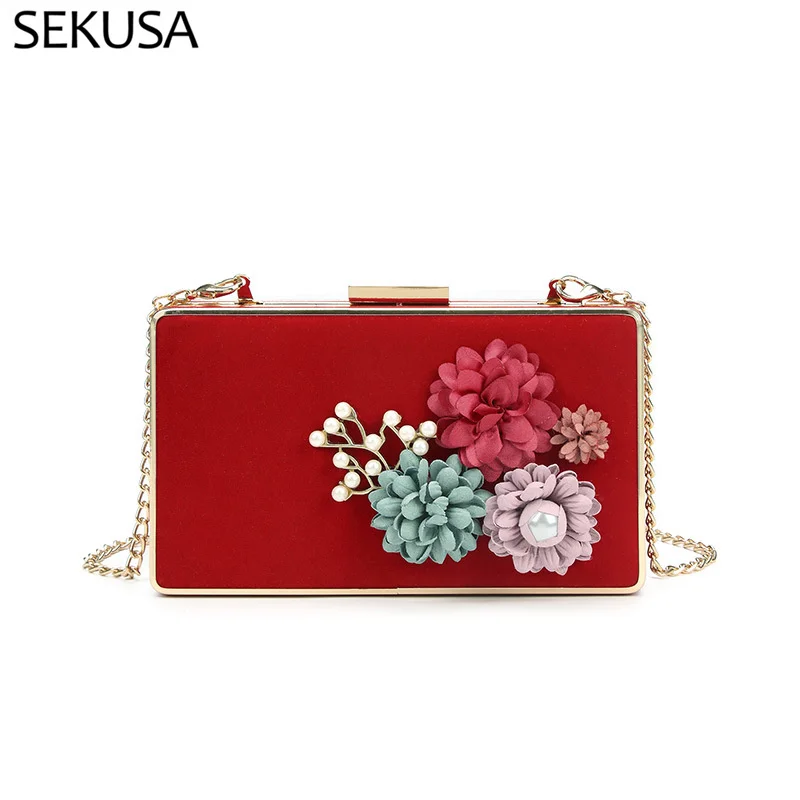 

Клатч на плечо, с вельветовыми цветами, красного цвета, цепочка для вечерние, вечерняя сумочка