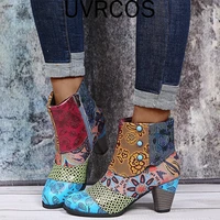 female martin boots women autumn casual retro ethnic wind printing high heels shoes 2022 new woman leather short ankle booties
