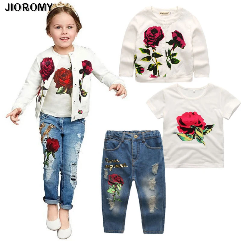 

2019 Hot Girls Clothing Suit Jacket + T Shirt + Jeans 3 Pieces Fashion Rose Long Sleeve Coat Shirt Denim Children's Clothing Set