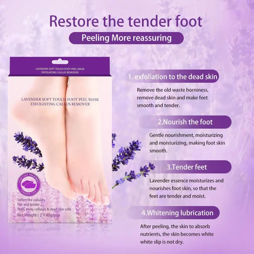 

2 Pairs Exfoliating Foot Peel Mask Soft Touch Peeling Rough Dead Skin Calluses Repair Rough Heels Lavender for Men Women