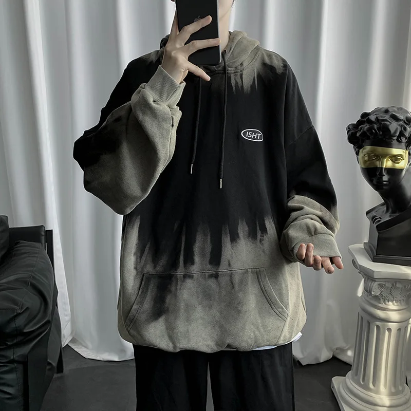 

E-BAIHUI Men's Autumn Tide Brand High Street Gradient Tie Dye Hooded Men's Trendy Hip Hop Loose Pullover Q102203