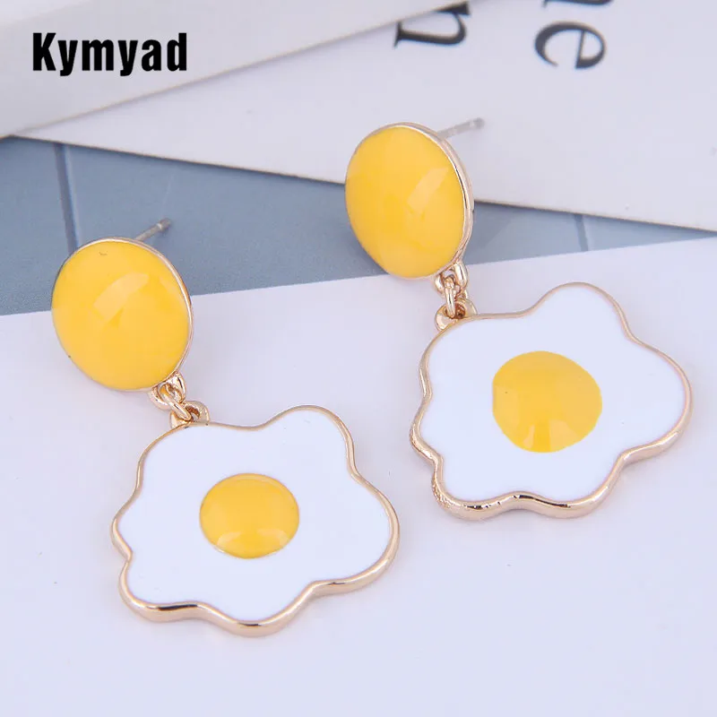 Женские серьги с эмалью Kymyad золотистые сережки белым и желтым цветком массивное