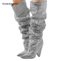 autumn and winter shoes silver diamond crystal pointed toe knight high and wedges heel over the knee slip on bling boots women