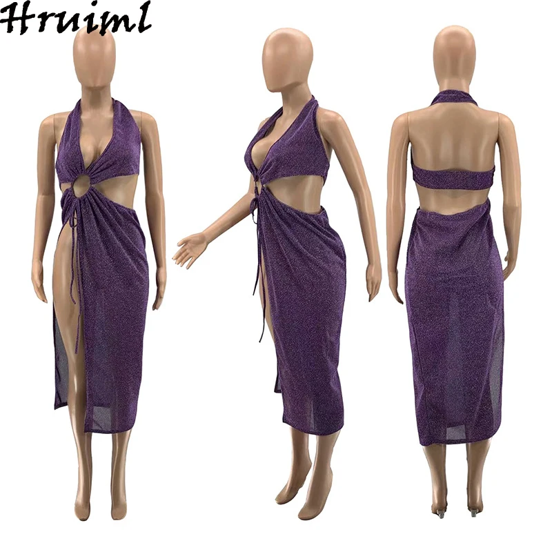 

Bandage Dress Hollow Out Sexy Sequin Drawstring Hem Split Ladies Dress Party Clubwear Night Backless Summer Bodycon Dress