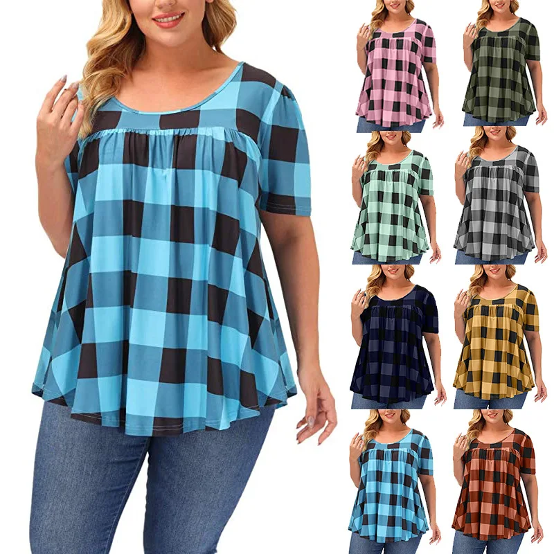 

Oversized Woman Tshirts 2021 Female O-neck Plaid Short-sleeved Loose casual Tops Tee Women Blouse Womens Clothing Ladies Blusa