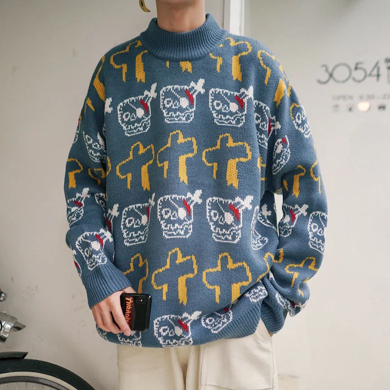 

Мужской зимний вязаный свитер с черепом и крестиком, водолазка, пуловеры для мужчин, модная одежда, большой размер, уличная одежда, Homme