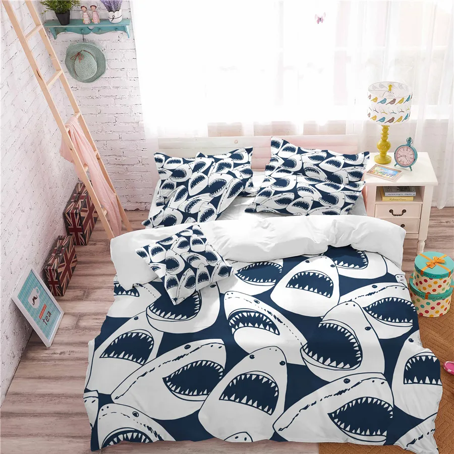HELENGILI 3D Bedding Set Shark Print Duvet Cover Lifelike Bedclothes with Pillowcase Bed Home Textiles #SY-27 | Дом и сад