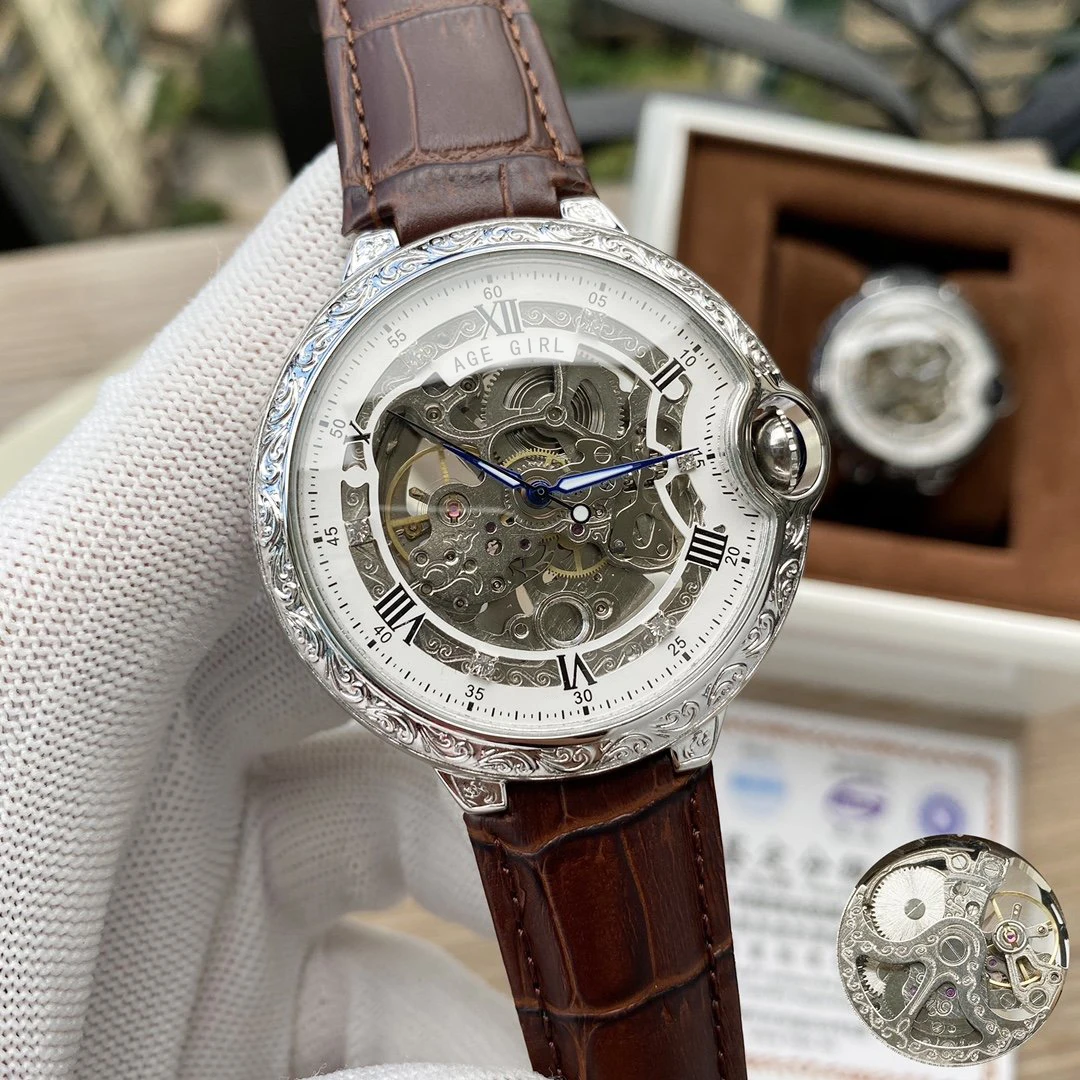 

Luxury Brand New Men Stainless Steel Automatic Mechanical Sculpture Carved Skeleton Black Brown Leather Rome Sapphire Watch