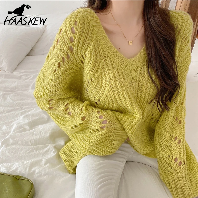 

HAASKEW New 2021 Autumn Winter Loose Hollow Out Pullover Basic Warm Sweater Women Korean Knitted V Neck Oversized Sweater Pull