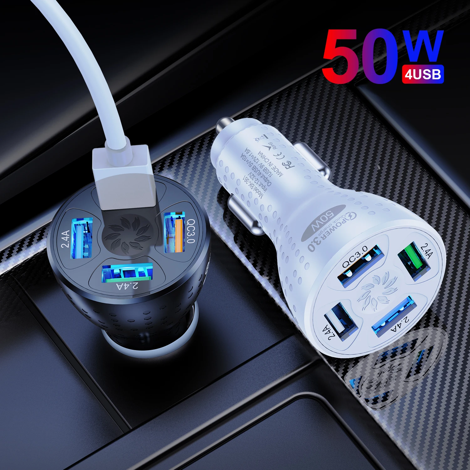 

TKEY 50W Fast Charger 4 USB Car Charge QC3.0 QC4.0 Quick Charging 10A For iPhone 13 12 XS Max Xiaomi 9 Huawei P40 iPad Pro Air