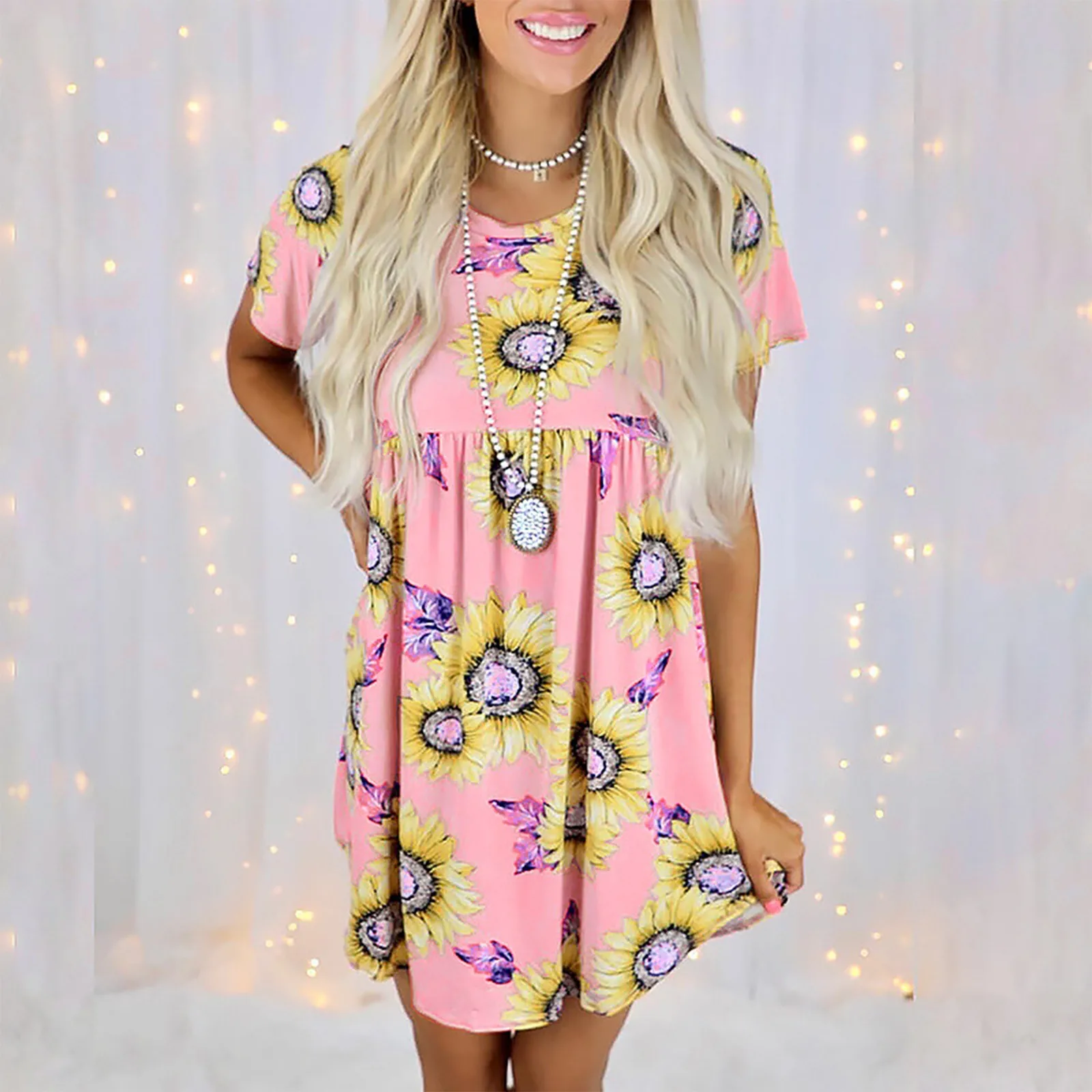 

Летнее платье с цветочным принтом, женские повседневные платья с оборками и коротким рукавом, богемное платье-трапеция с круглым вырезом, с...