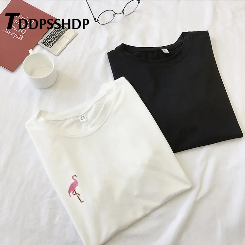 Женская футболка с вышивкой фламинго Повседневная в Корейском стиле 2019 | одежда