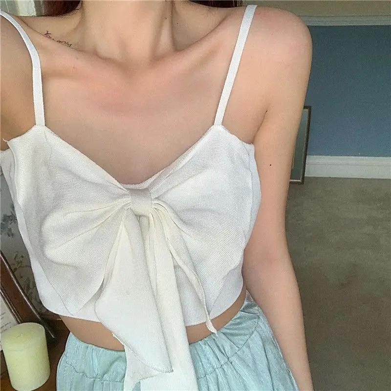 

Sexy Crop Tanks Thin Straps Sleeveless Slim Tank Tops Harajuku Summer Short T-shirt Bowknot Knitted Women Clothes 2021 Fashion